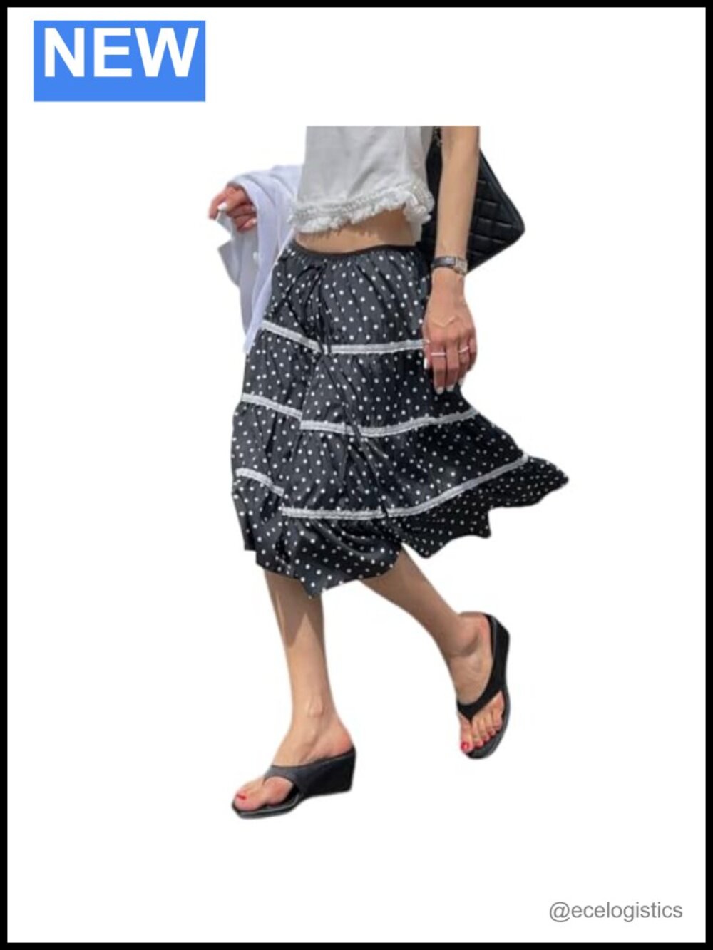 Women's Polka Dot Lace Maxi Skirt Elastic Waist Flowy Boho Long Skirt